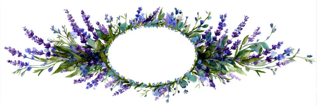 Watercolor circle frame made of lavender sprigs and greenery, copy-space inside