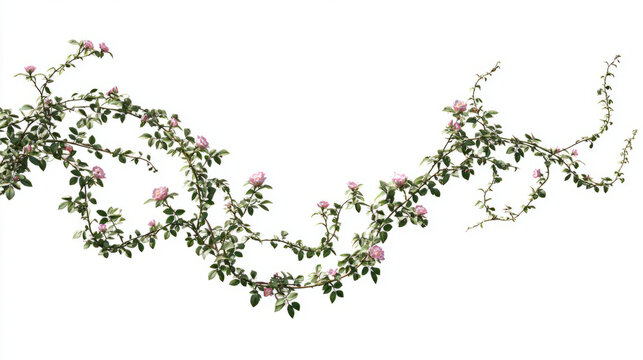 Wild rose vines climbing in curved spirals minimal on white