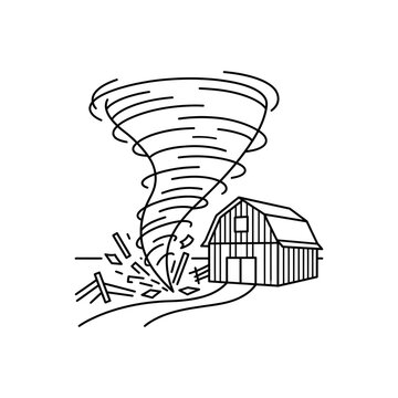 Tornado hitting a farm barn line art illustration