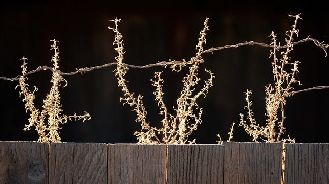 entanglement. Thorny vines breaking through a wooden fence at dusk. gardening catalogs, home-decor guides, designed for gardening and botanical catalogs, used by food bloggers.