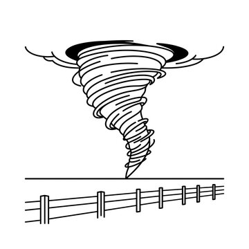 Tornado spinning over a fence in minimalist line art style