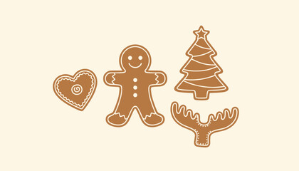 Fototapeta premium Traditional Christmas gingerbread cookies featuring a heart, a gingerbread man, a pine tree, and moose antlers on a cream background.