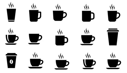 Obraz premium Collection of fifteen diverse black coffee cup and mug silhouettes with rising steam lines, arranged in a grid on a white background.