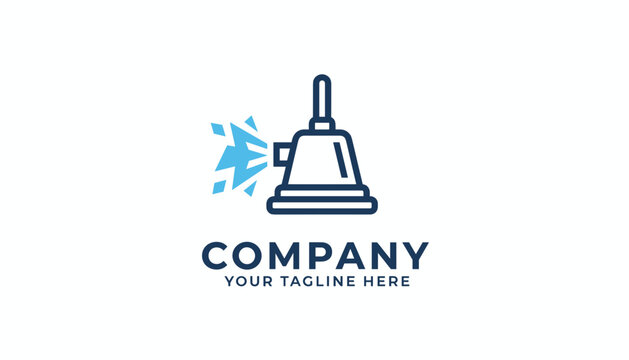 Blue corporate line art bell logo template with ringing sound waves isolated on clean white background.