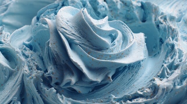 Close up of creamy blue ice cream with smooth swirled texture, soft frozen dessert background, rich creamy scoop with vibrant blue color and delicious sweet treat appearance