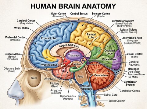 Human Brain Anatomy Diagram With Labeled Parts