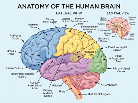 Human Brain Anatomy Lateral Sagittal View Labeled Diagram