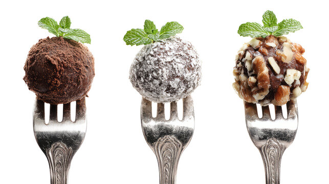 Chocolate truffles on forks with mint leaves