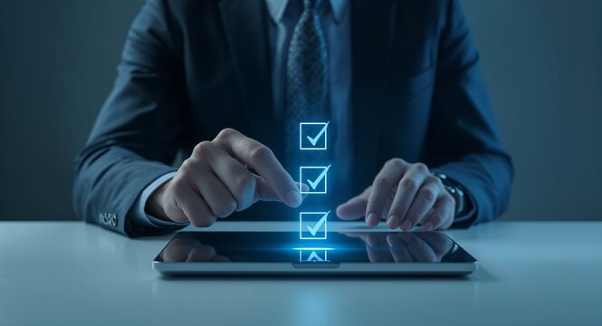 Businessman evaluating assessment survey with checkboxes on online laptop choosing correct answers in test symbolizing online exam and knowledge quiz in empty space - Businessman concept visual.