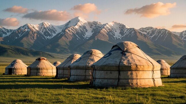 Traditional nomadic yurts stand on green grassy plain near massive snow capped mountains. Beautiful landscape at sunset with soft warm light. Group of felt tents for ethnic travel, outdoor camping in