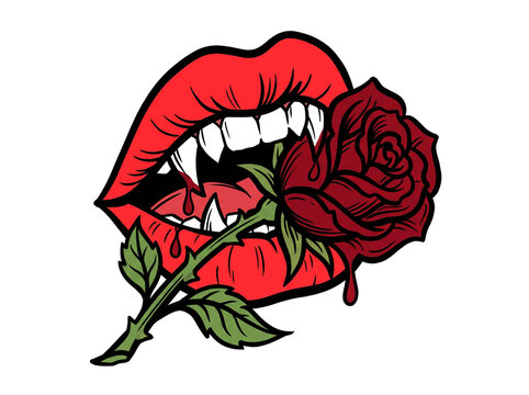 Vampire Lips with Sharp Fangs Biting a Dark Red Rose Isolated on Transparent Background