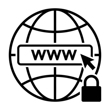 Secure internet website globe icon with padlock and cursor