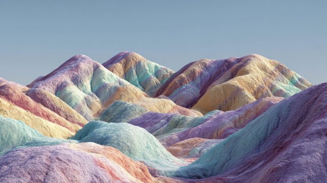 Colorful pastel ice cream-inspired desert landscape with soft pink, blue, yellow, and lavender tones, dreamy sandy dunes, vibrant frozen dessert colors, whimsical summer scenery, sweet tropical atmosp