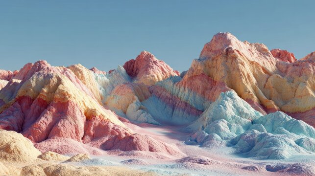Colorful pastel ice cream-inspired desert landscape with soft pink, blue, yellow, and lavender tones, dreamy sandy dunes, vibrant frozen dessert colors, whimsical summer scenery, sweet tropical atmosp