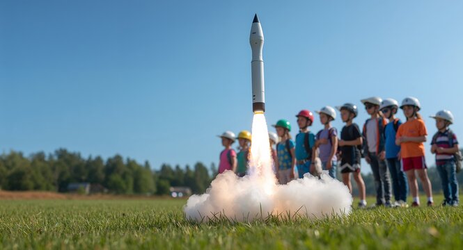 Model rocket launching with group of children in the background wearing helmets on a sunny day during a science and education activity. - Model rocket launching with group of children concept.