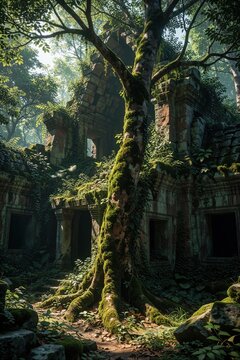 Ancient stone temple ruins overgrown by moss, giant trees in dense jungle. Old abandoned ruins covered in greenery under sunlight. Mysterious tropical forest landscape with lost architecture, wild
