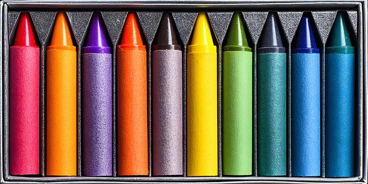 A neatly arranged set of colorful wax crayons sits inside a dark box.
