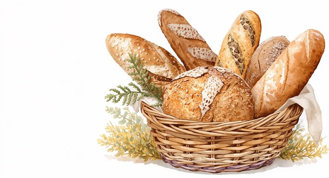Watercolor illustration of a basket filled with assorted breads highlighting artisanal bakery products and rustic kitchen charm in artistic style - Watercolor illustration of a basket concept.