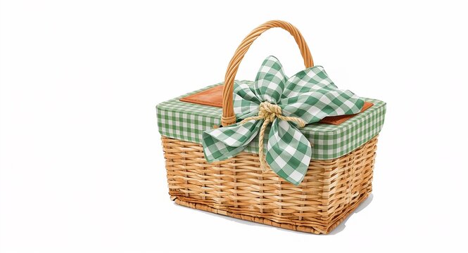 Watercolor illustration of wicker picnic basket with green and white checkered cloth napkin tied with raffia bow on white background ideal for outdoor themes and lifestyle designs concept visual.