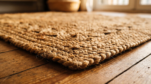 Natural jute rug laid out on wooden floorboard interior home decor detail with flooring interior material furnishing accessory handmade sustainable friendly