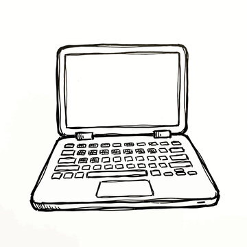 Laptop computer sketch featuring an open screen and keyboard is drawn in line art style on a plain background.