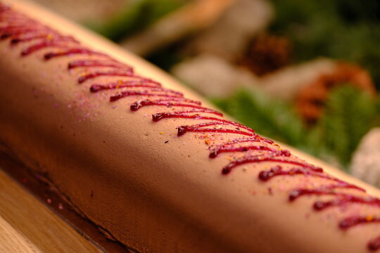 Close-up shot with shallow depth of field of a long gourmet cake decorated with drizzled red berry sauce on top