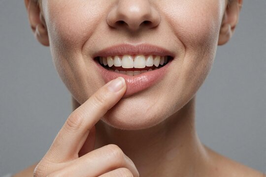 Woman points to her inflamed gum tissue. Her mouth shows teeth and lips, hinting at oral health concerns, pain or discomfort needing dental attention.