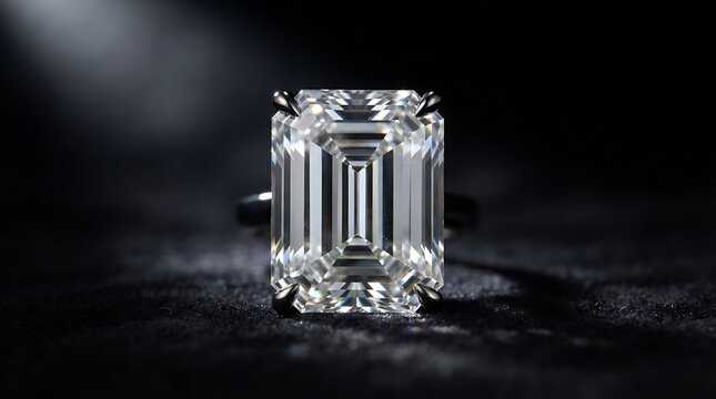 Sparkling emerald cut diamond solitaire ring on dark textured surface with surface dramatic backlighting large emerald ring resting