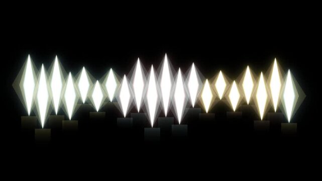 Row of glowing diamond shaped light panels in a loop sequence against a black background