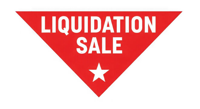 A red triangle with white text advertising a liquidation sale isolated on transparent background