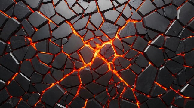 Fractured dark stone texture with glowing molten lava cracks beneath surface representing volcanic activity and geological power in intense 3D rendered abstract background for gaming