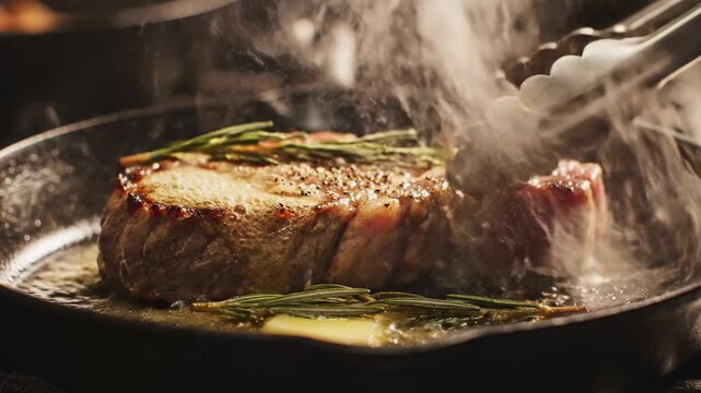 Sizzling Ribeye Steak Searing in Cast Iron Skillet with Melting Butter and Rosemary ideal for culinary and restaurant promotions.