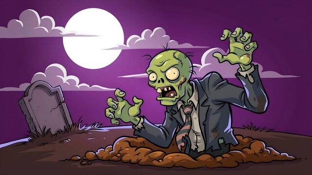 Funny zombie rising from grave under full moon on halloween night