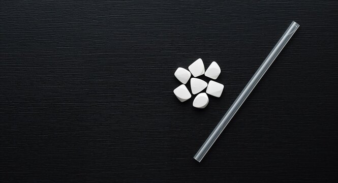 Ketamine drugs and plastic straw on black wood background. Drug epidemic concept - Ketamine drugs and plastic straws placed together illustrating the rising drug epidemic and the visual image.