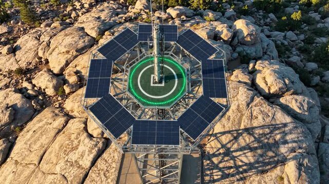 Experimental solar panel array unfolding in space simulation chamber for satellite testing.
