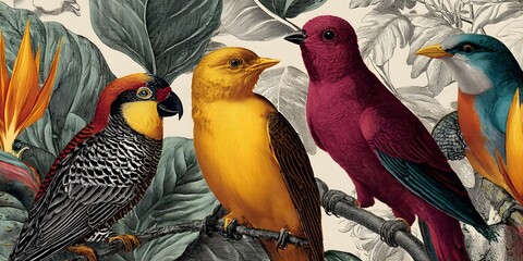 Naklejka premium Four vibrantly colored birds perch together on a branch surrounded by lush green leaves and a tropical flower.