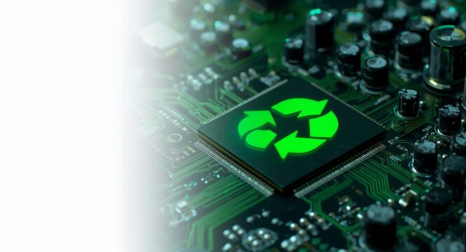 Concept of green technology. Green recycle sign on circuit board technology innovations. Environment Green Technology Computer Chip. Green Computing Green Technology Green IT CSR and visual image.