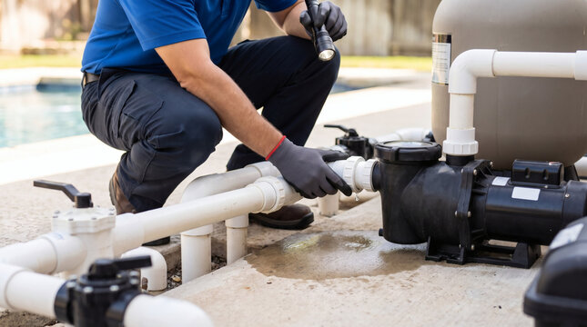 Pool maintenance technician inspecting leaking water pipe connected to swimming pool pump and filtration system with flashlight during outdoor repair service