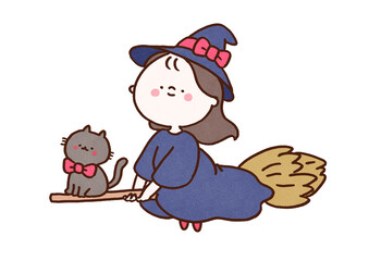 Witch flying on a broomstick with a black cat, halloween magic or fantasy concept