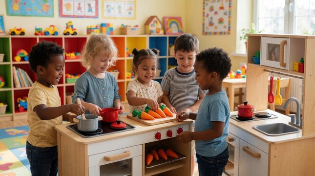 Diverse group of happy children play with wooden toy kitchen set in colorful preschool classroom. Little boys, girls engage in pretend cooking, imaginative playtime. Kindergarten students learn