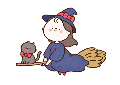 Witch flying on a broomstick with a black cat, halloween magic or fantasy concept