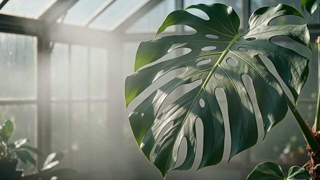 Close up of a broad monstera leaf in a greenhouse with blurred glass wall behind, showcasing the intricate patterns and vibrant green color of the foliage