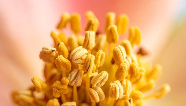 Close up of vibrant yellow flower stamens in bloom.