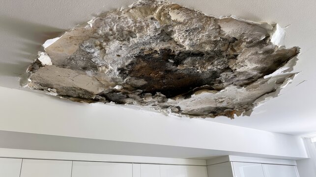 Damaged Ceiling Plaster Showing Structural Damage and Water Leak.