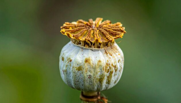 Close up of a dried opium poppy seed pod in nature.