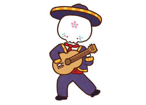 Skeleton man wearing a charro suit and hat playing the guitar, Day of the Dead mariachi concept
