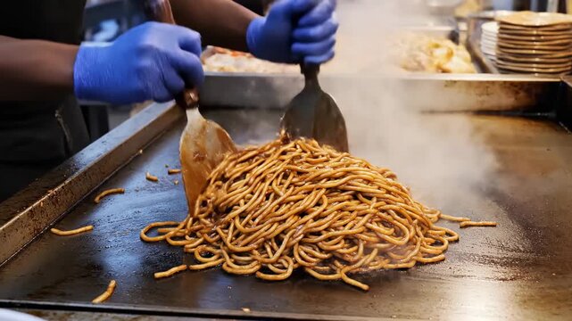 Sizzling Street Food Chef Cooking Yakisoba Noodles on Hot Griddle ideal for culinary documentaries.