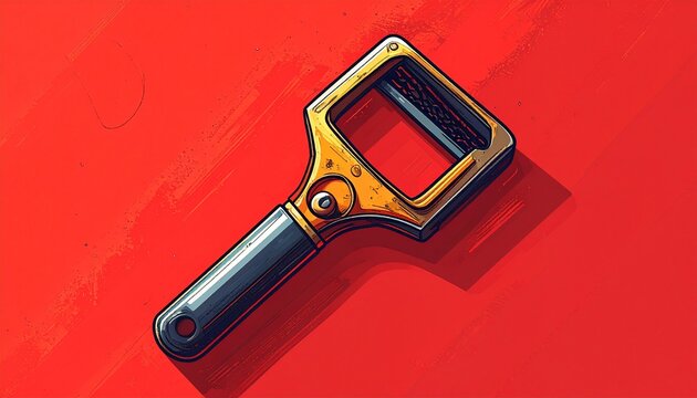 Vintage metal clamp tool on bright red background.