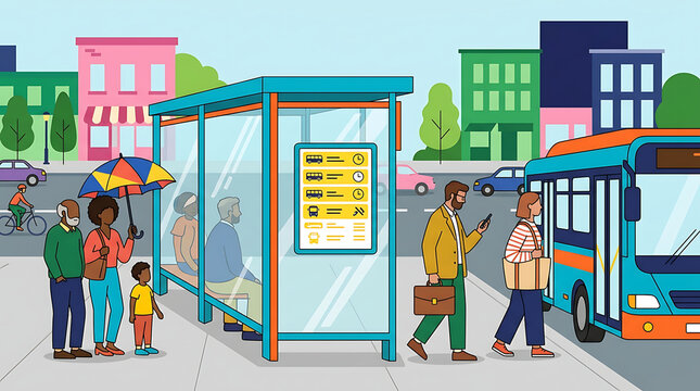 Commuters waiting at a modern glass bus stop shelter on an urban street