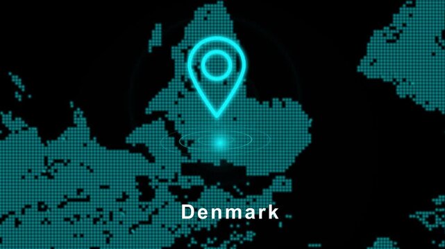Digital World Map with Location Pin Pointing to Denmark - Futuristic Hud Interface Motion Graphic for Travel Navigation Logistics and Global Business Presentations.
